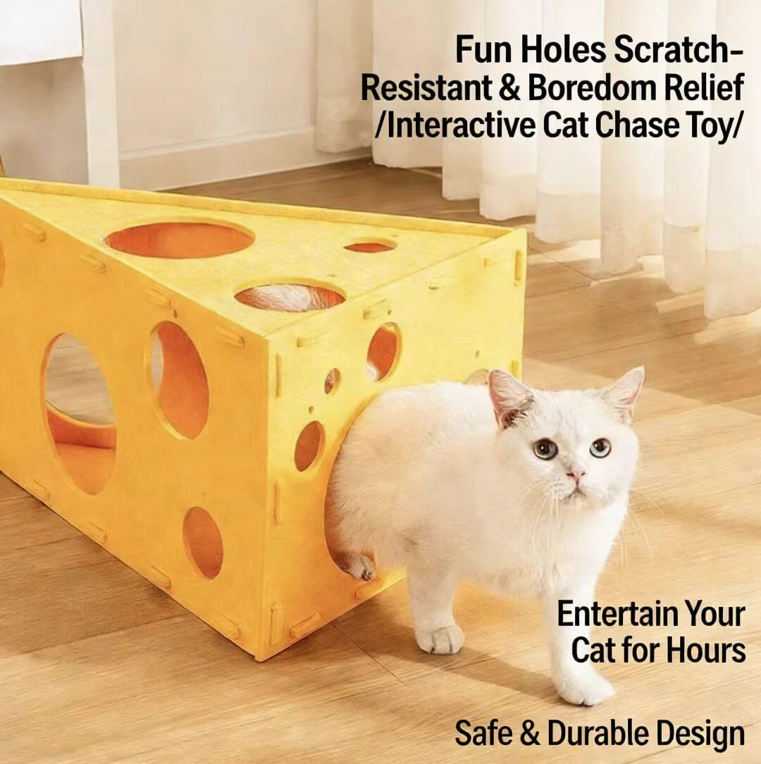 Interactive Cat Play Tunnel - Cheese Design, Detachable Felt, Yellow