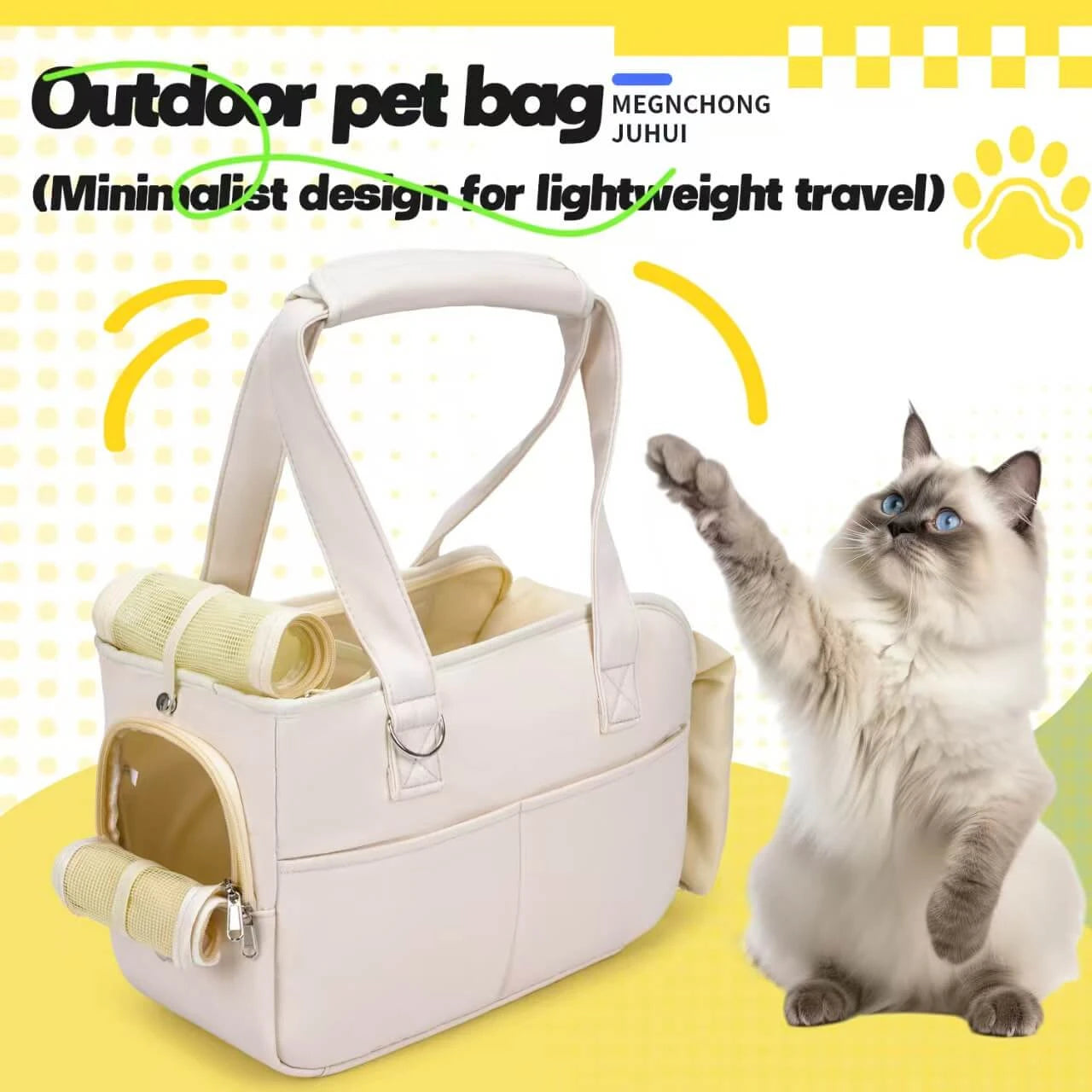 3-Way Ventilated Pet Carrier Tote - Roll-Up Windows, Cream White