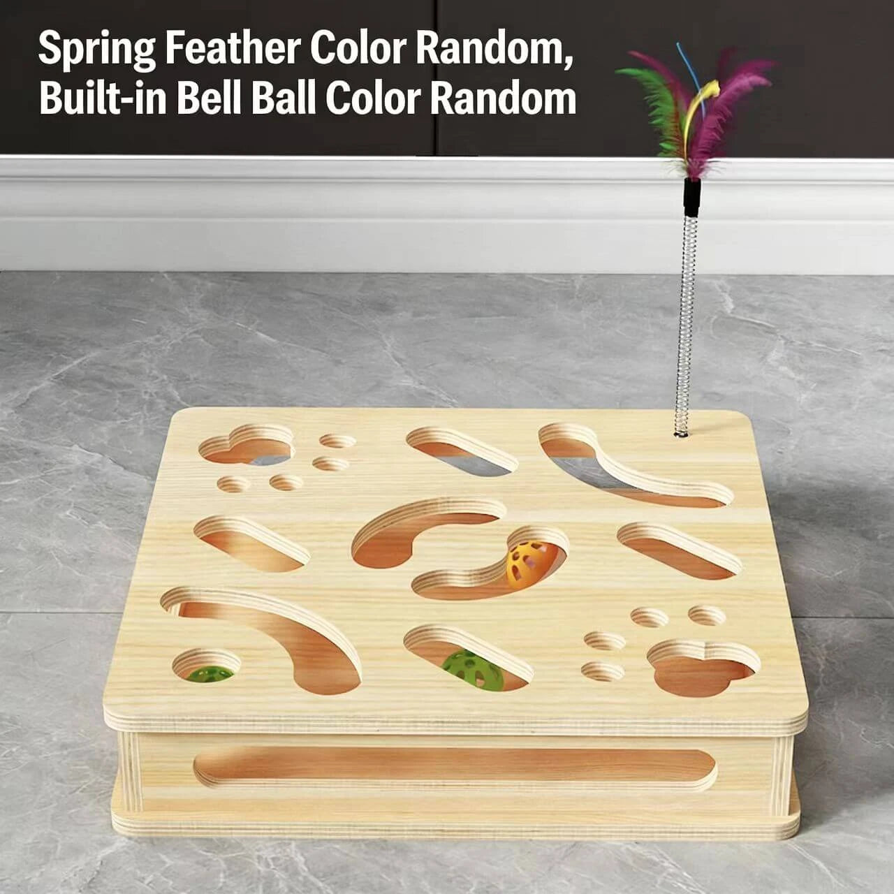 Wooden Cat Enrichment Toy - Puzzle Hunt Box, Feather Teaser, Natural Finish