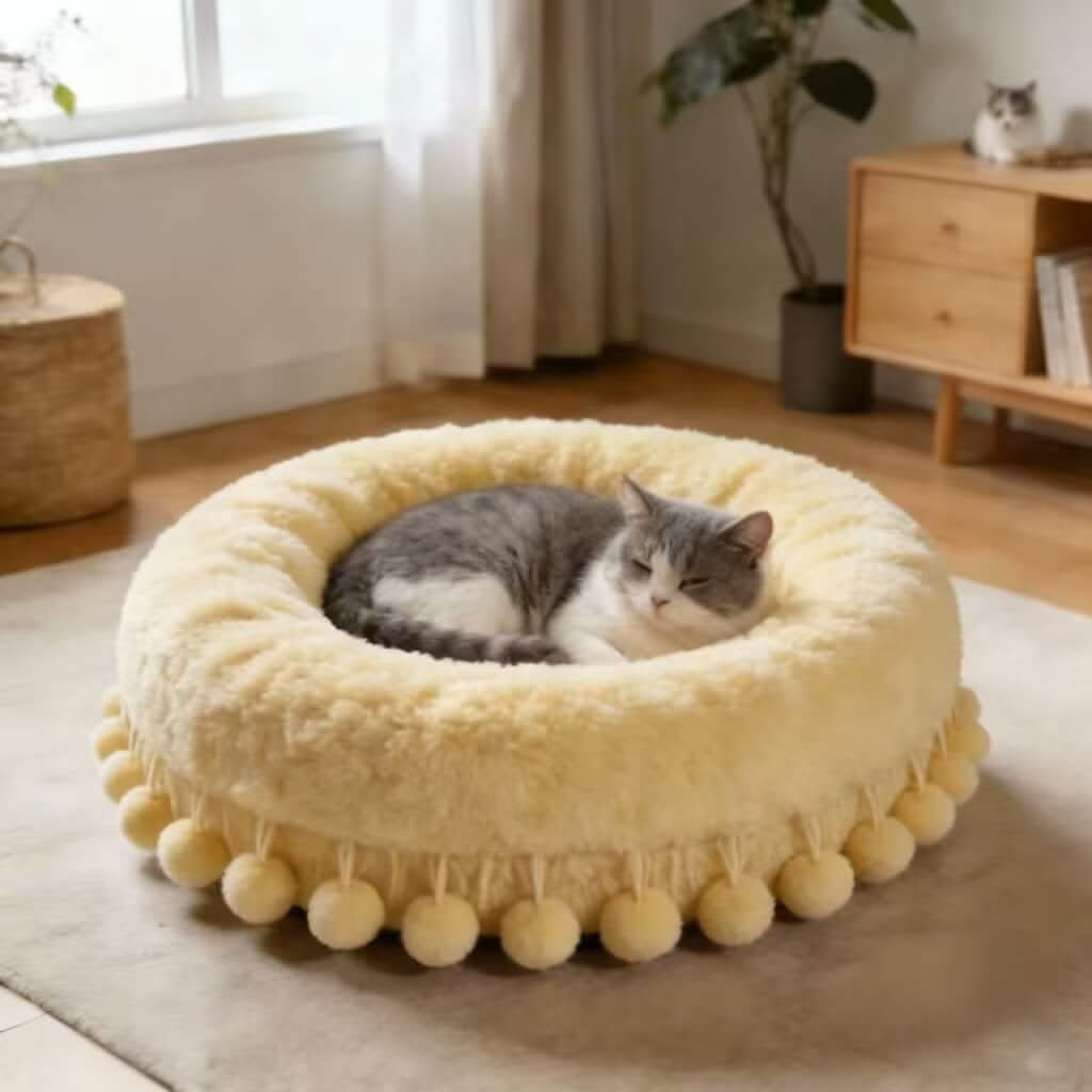 Plush Cozy Pet Bed for Cats - Cream, Round, Pom-Pom Trim, Soft Fleece Fabric
