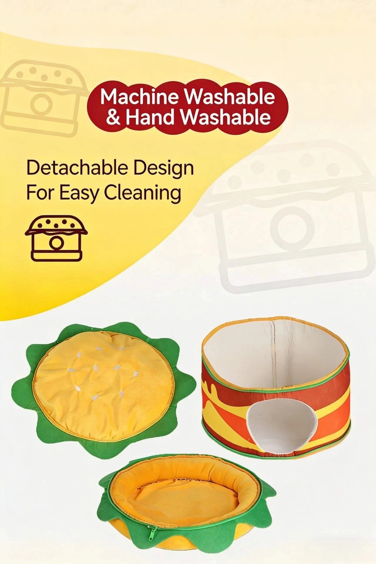  Fun Pet Bed for Cats, Burger Shape, Soft Fabric,  Food Themed, All-Season