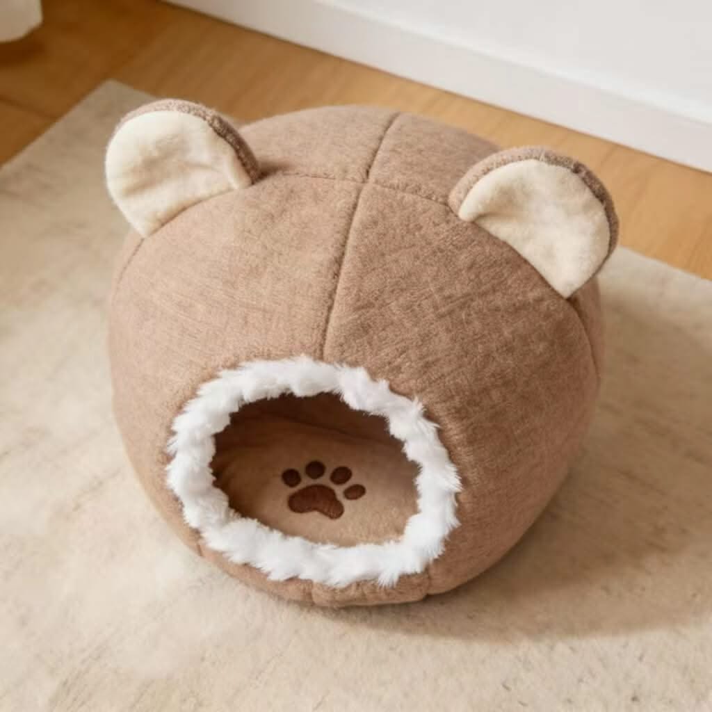 Adorable Bear-Ear Pet Cave Bed for Cats- Paw-Print, Plush, Brown, Cozy Hiding Spot, All-Season