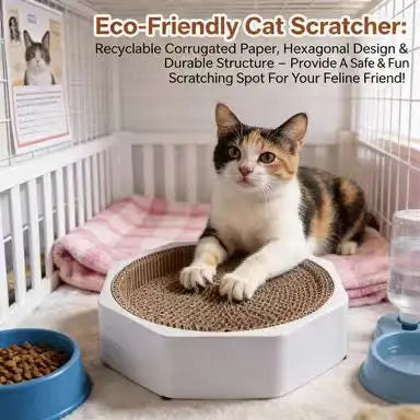 Hexagonal Cat Scratcher: Corrugated Cardboard, Stable Base, Modern White-Brown Design