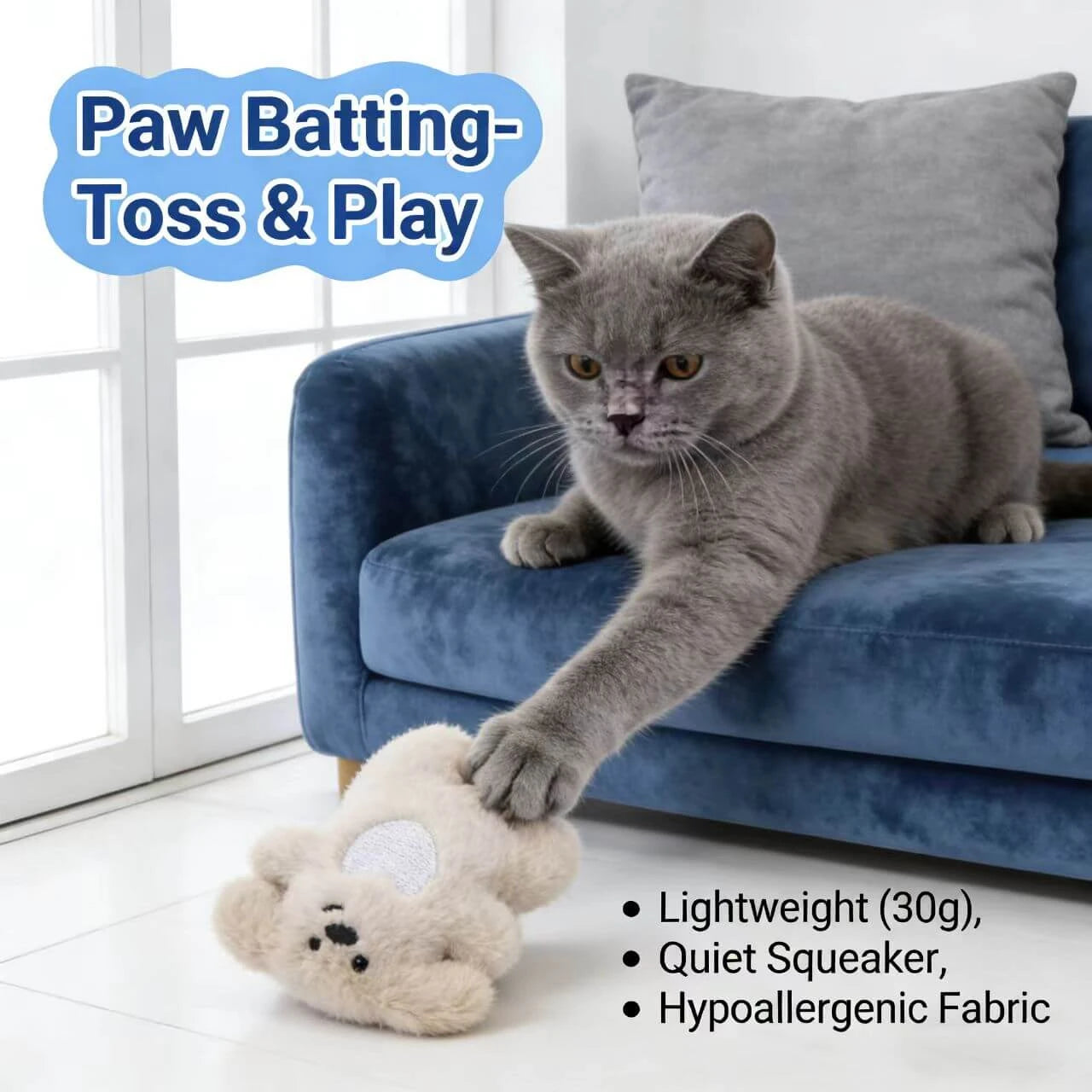 Cute Bear Cat Toy Set - Plush Fabric, Catnip Infused, 3 Colors Interactive Pet Toys