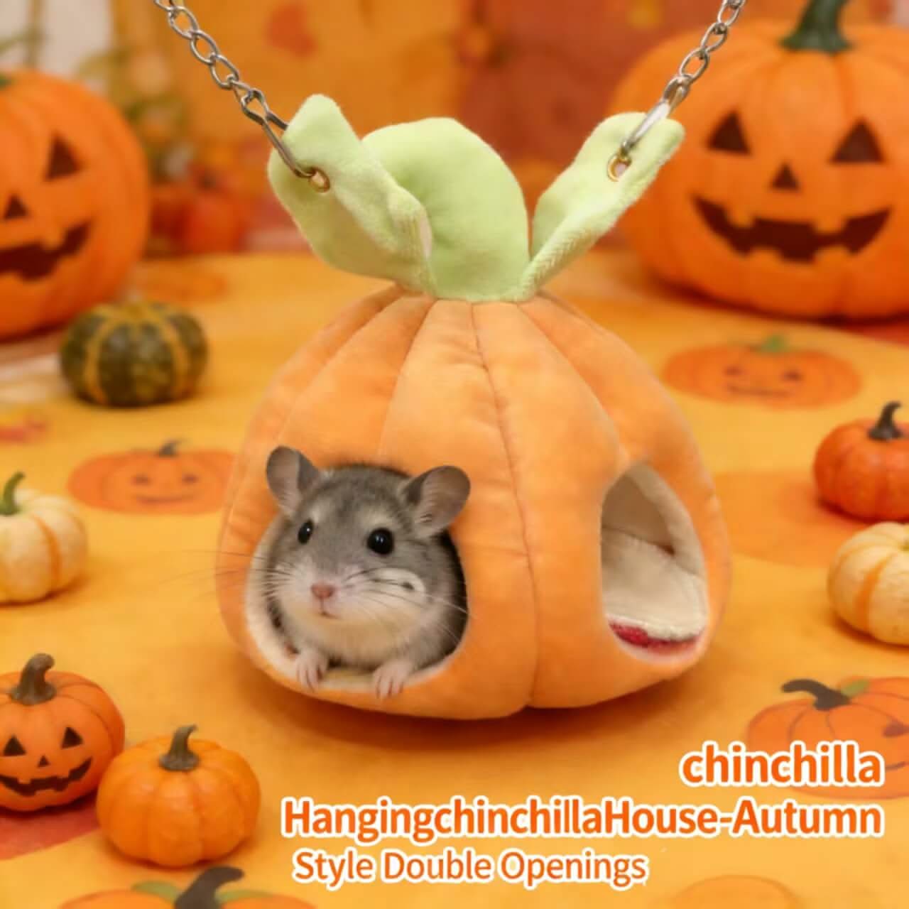 Autumn-Style Hanging Chinchilla House for Chinchillas - Pumpkin Shape, Double Openings, Orange Plush