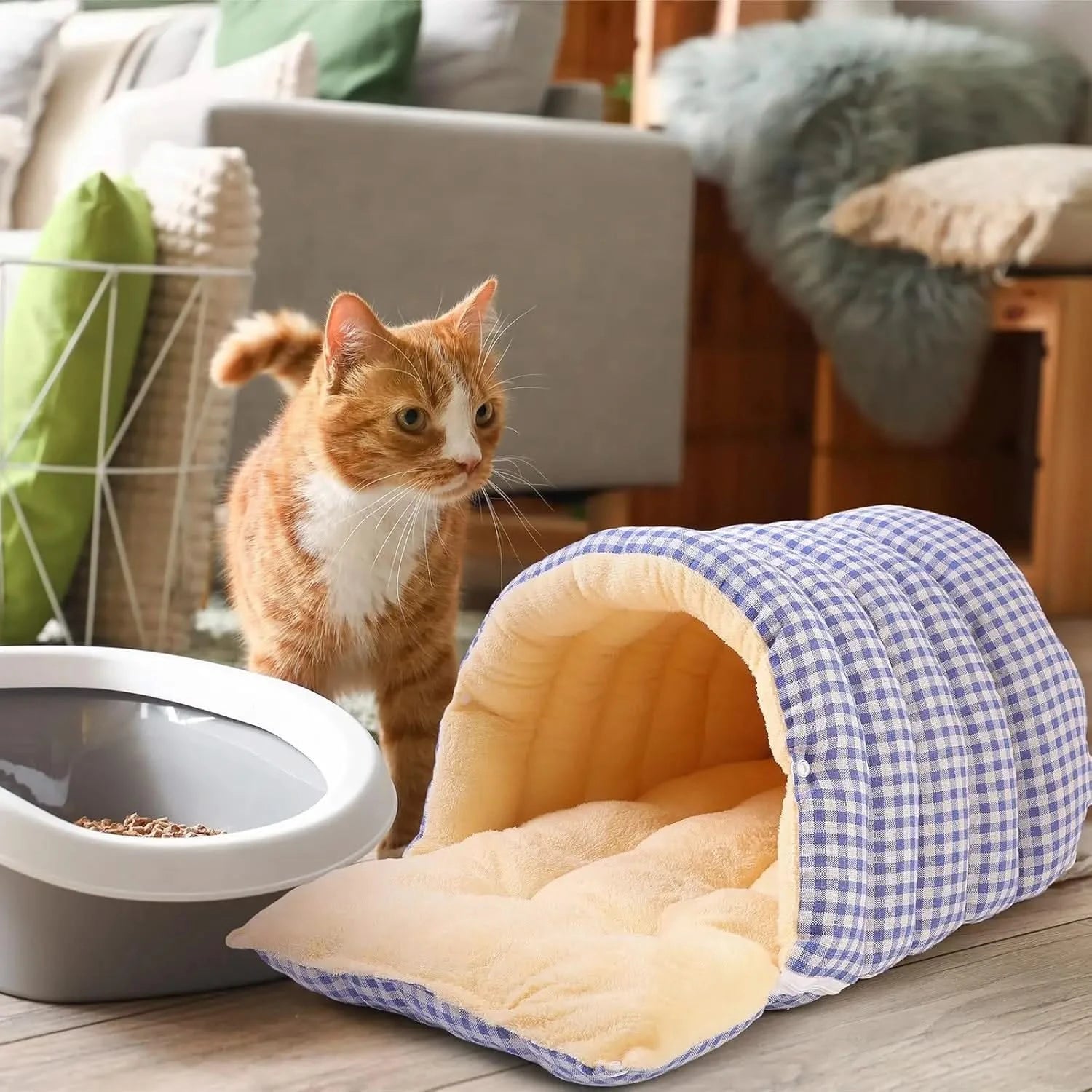 Novabright Gingham Checkered Cat Cave Bed – Thickened Warm Pet Sleep Bag