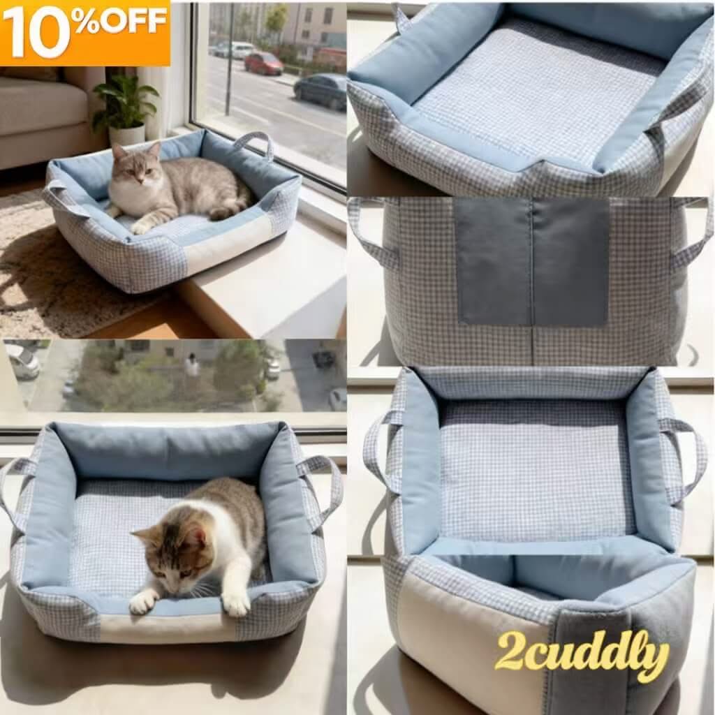 Portable Pet Bed for Cats - Blue Plaid, Square, Handle Design, Soft Fabric
