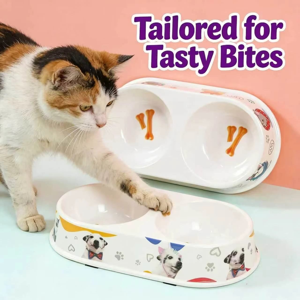 Dual Compartment Pet Feeding Bowl - Anti-Slip Base, Dog Pattern, White