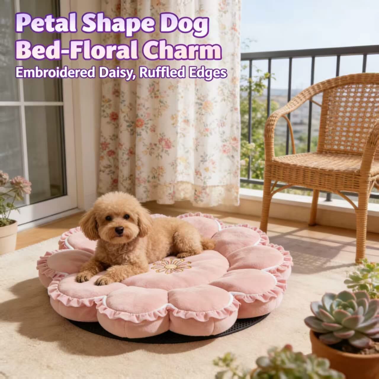 Petal Shape Dog Bed, Embroidered Daisy Ruffled Edges Pink for Small Dogs