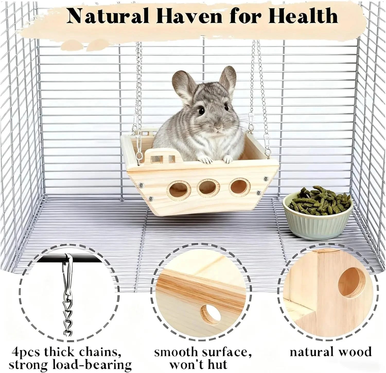 Natural Wooden Chinchilla Hammock Bed Cage Accessory with Interactive Chew Toy