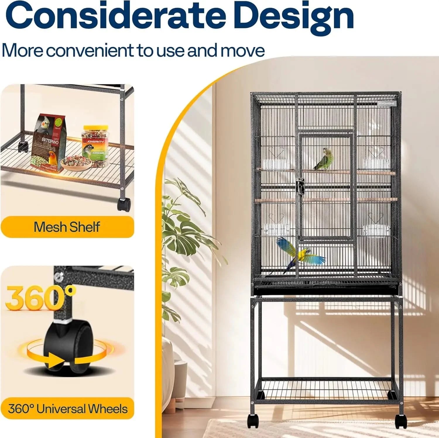 VIVOHOME 54-inch Wrought Iron Flight Cage, Rolling Stand for Pet Birds