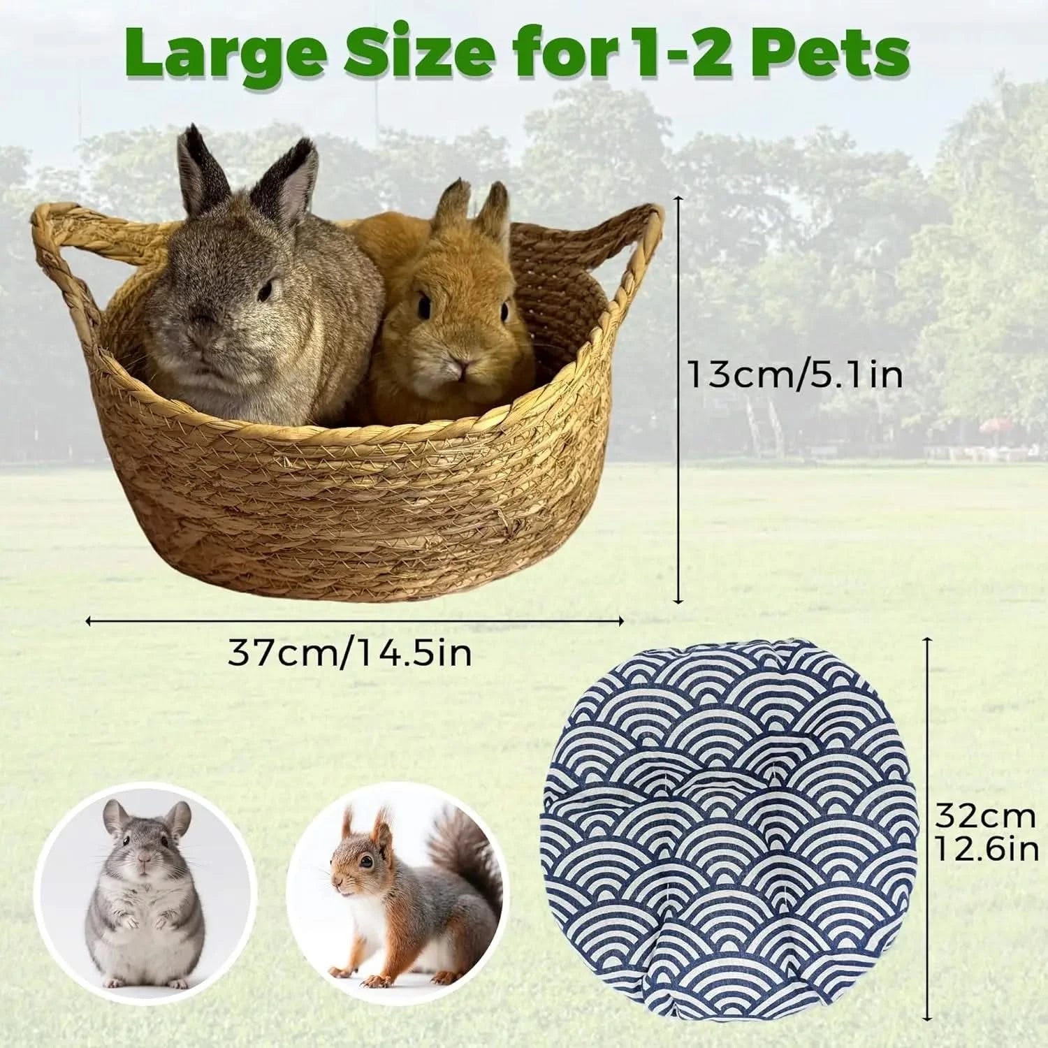 Durable Natural Woven Grass Bunny Bed with Warm Cushion for Rabbits