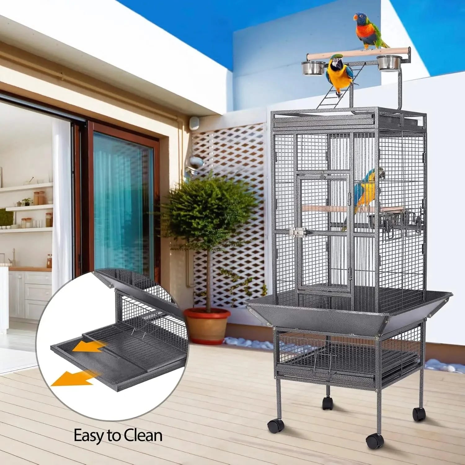 HSM 62-inch Rolling Wrought Iron Large Bird Flight Cage for Parrots