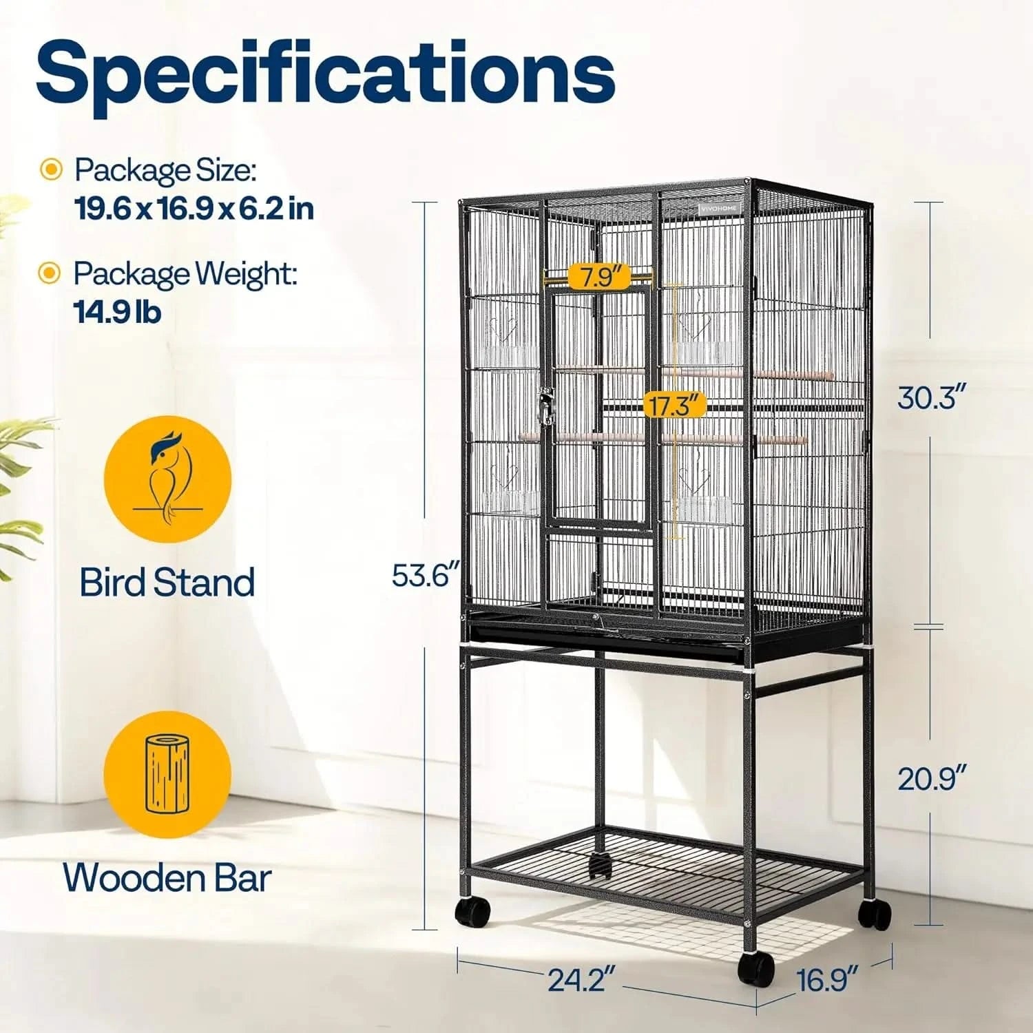 VIVOHOME 54-inch Wrought Iron Flight Cage, Rolling Stand for Pet Birds
