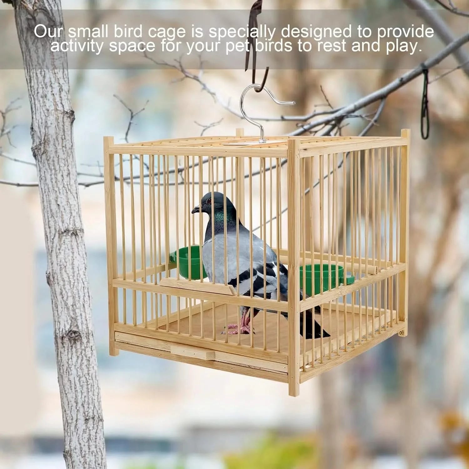 Kisangel Bamboo Small Bird Travel Cage with Hanging Hook & Tray