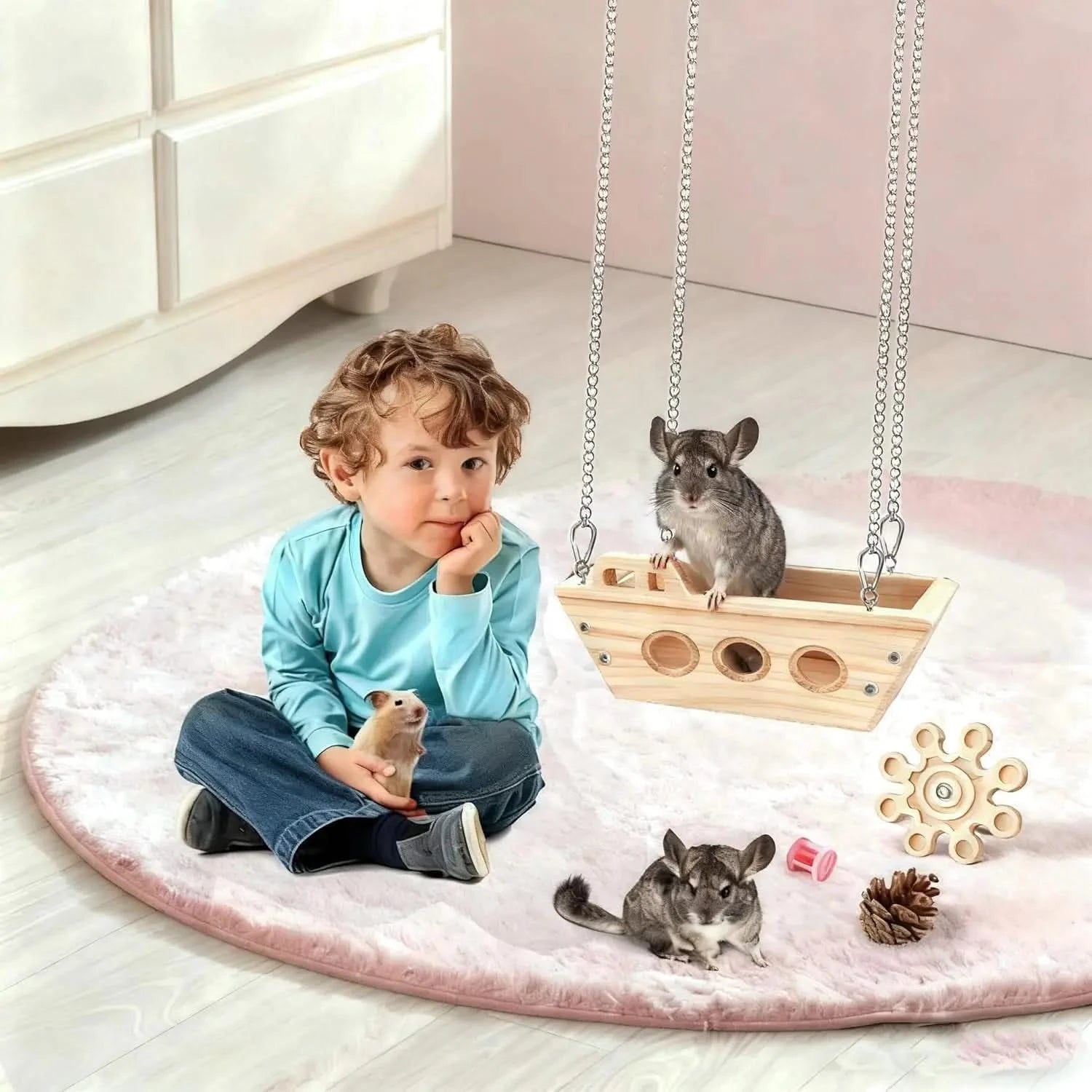 Natural Wooden Chinchilla Hammock Bed Cage Accessory with Interactive Chew Toy