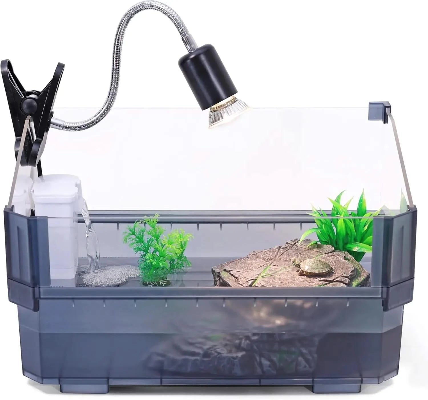 Complete Small Aquatic Turtle Habitat Kit: Filter, UVB Lamp, Basking Platform, Plants