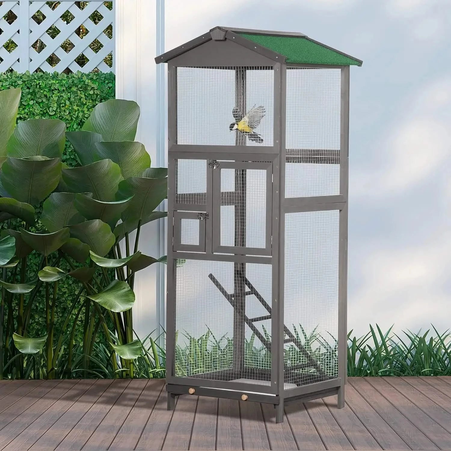 PawHut 65" Outdoor Wooden Bird Aviary House, Large Parrot Parakeet Cage, Grey