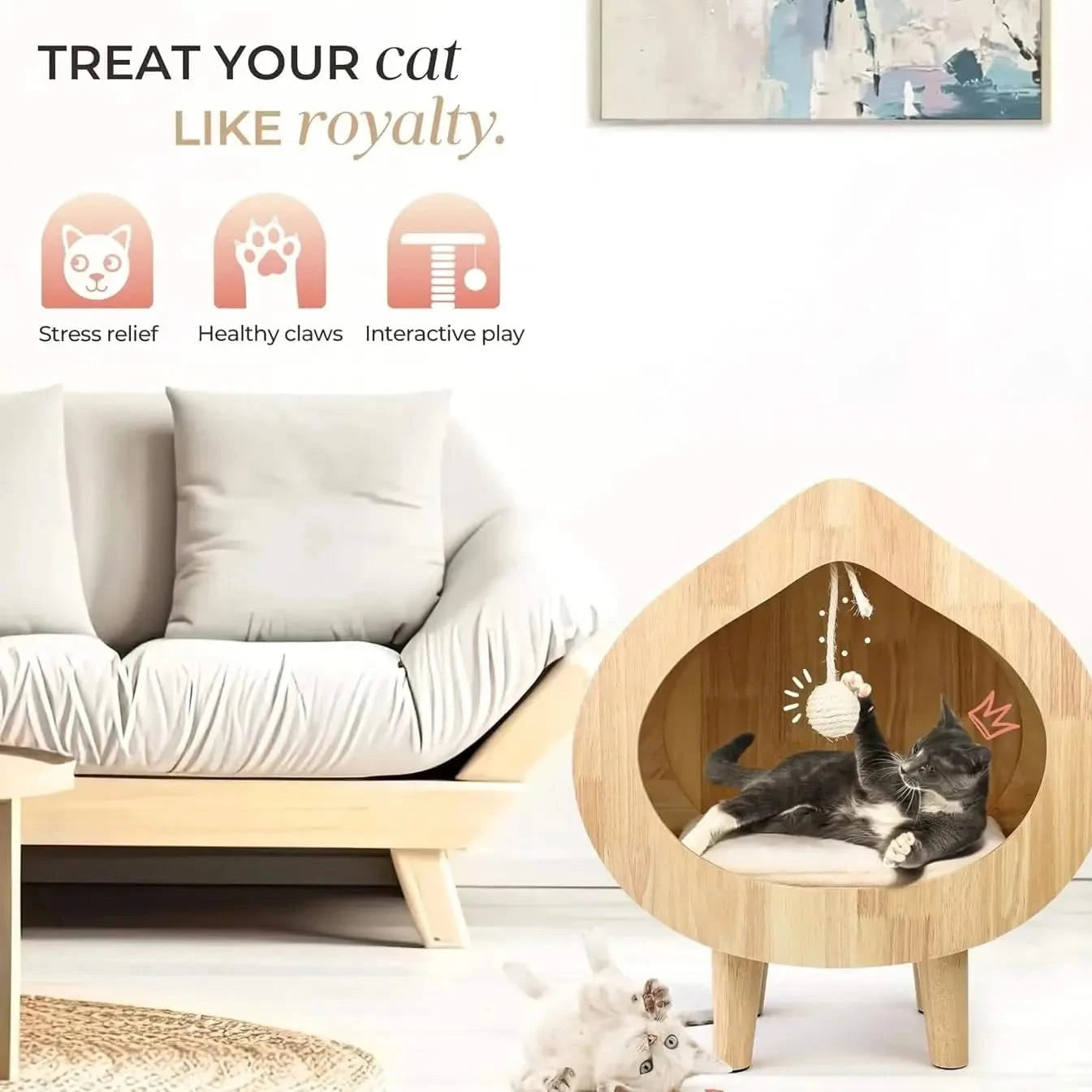 Modern Cat Bed with Scratching Wall, Cozy Cave Hideout for Indoor Cats