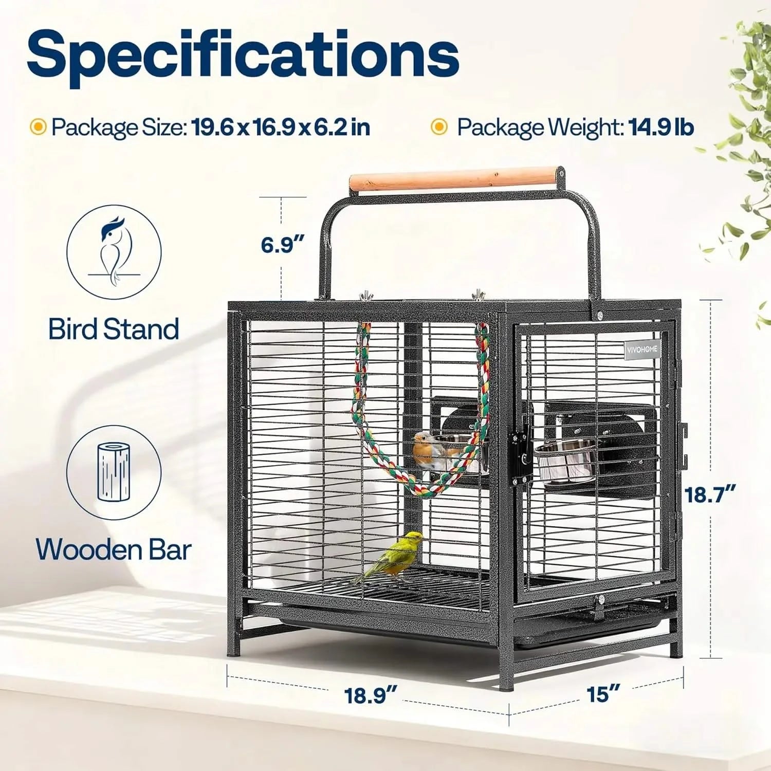 VIVOHOME 19-inch Wrought Iron Portable Bird Travel Carrier Cage for Parrots
