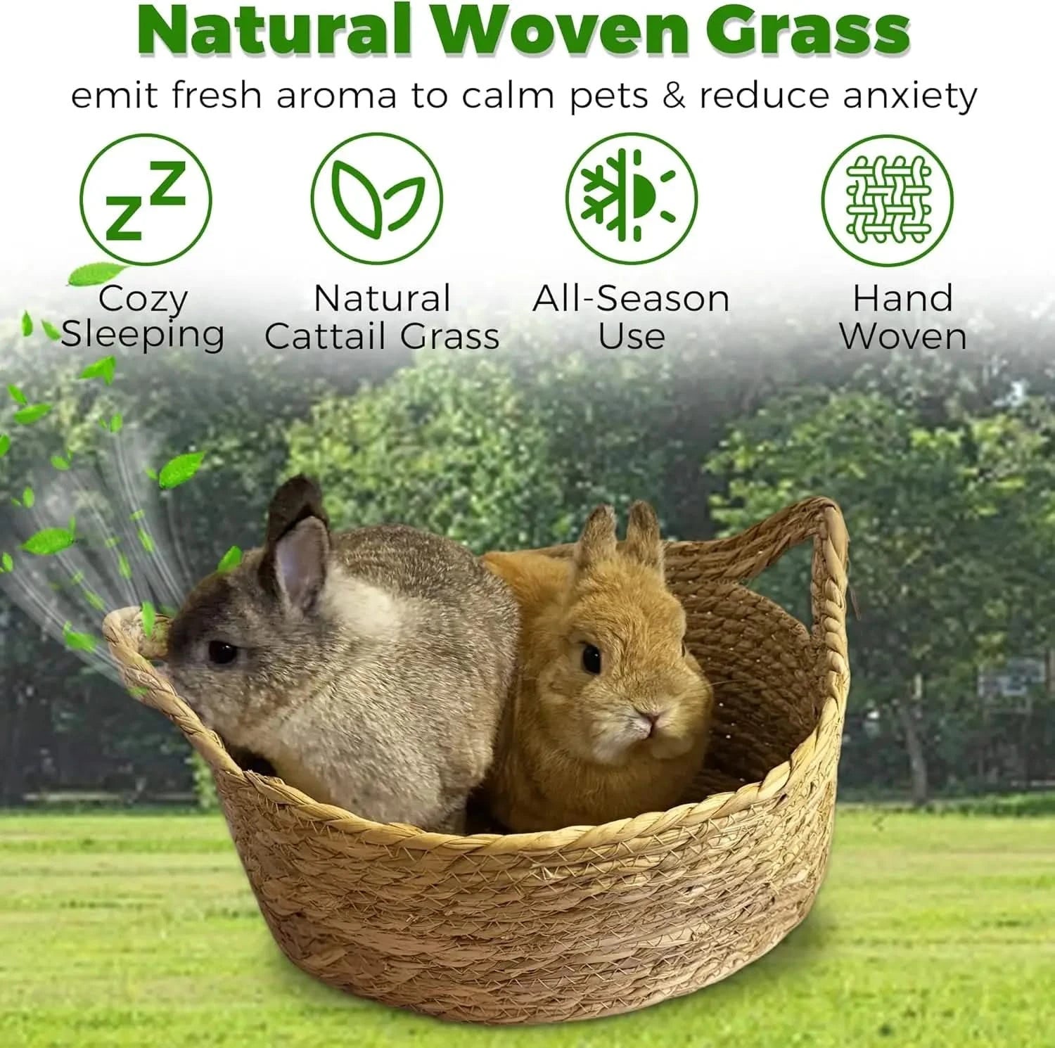 Durable Natural Woven Grass Bunny Bed with Warm Cushion for Rabbits