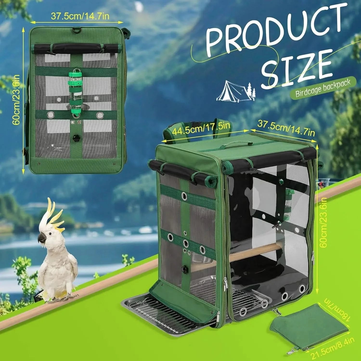 Suertree X-Large Bird Travel Backpack Carrier with Stainless Steel Mesh, Perch, Bowls