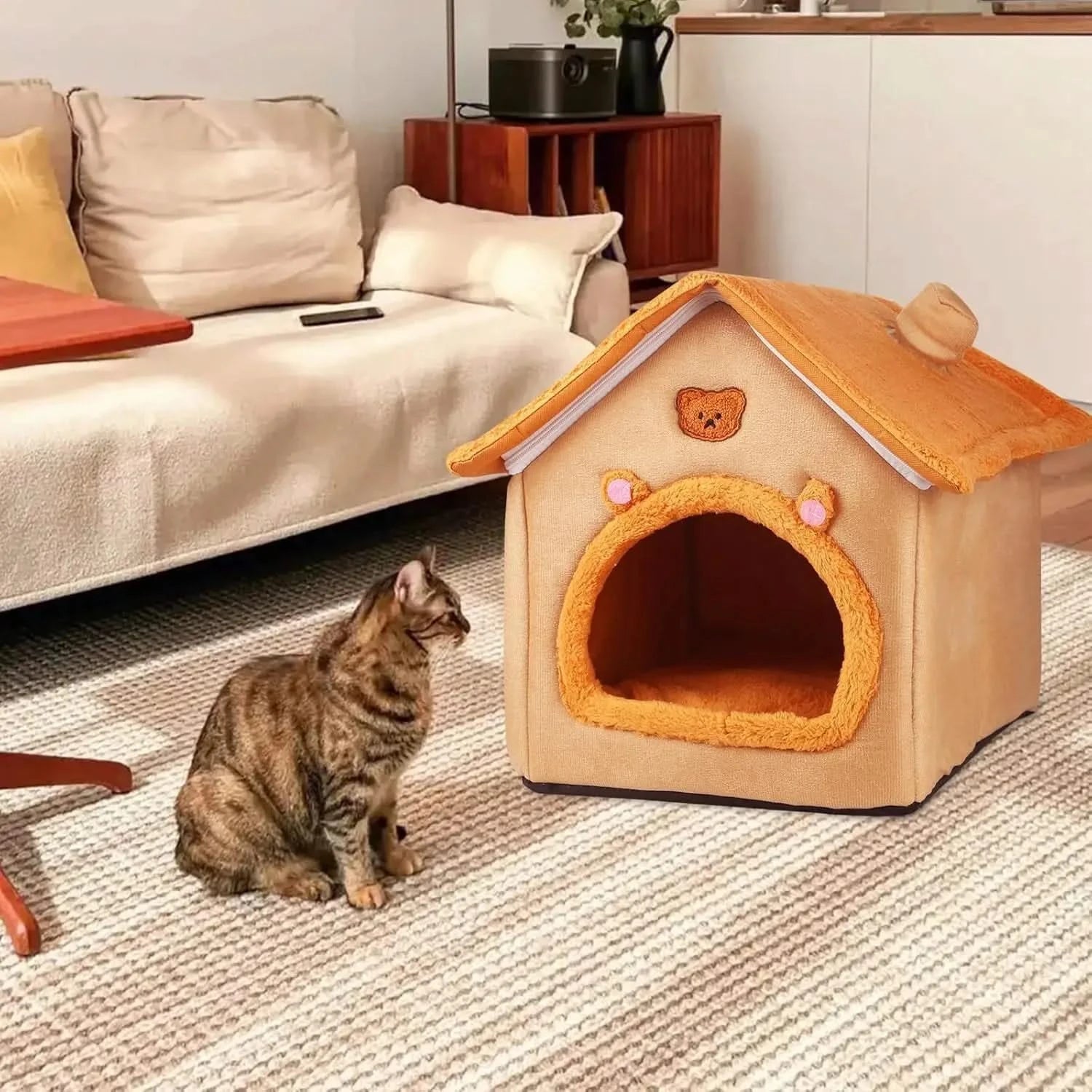 Plush Orange Indoor Cat Dog House Tent Bed - Non-Slip Cozy Comfort