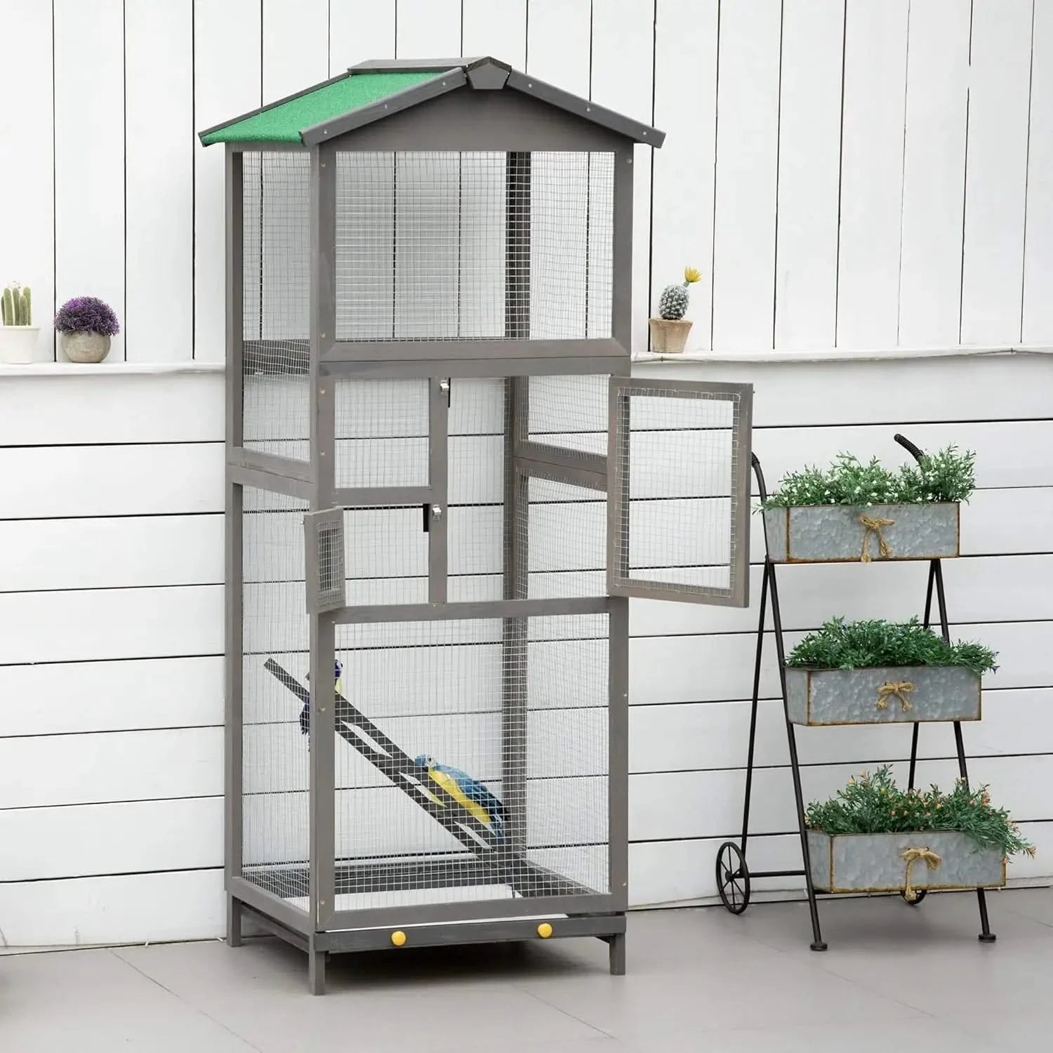 PawHut 65" Outdoor Wooden Bird Aviary House, Large Parrot Parakeet Cage, Grey
