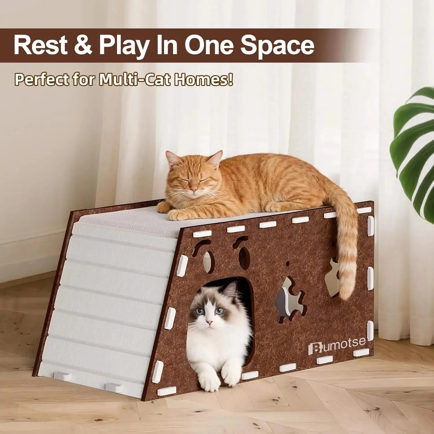 Quiet Felt Cat Bed Cave House for Indoor Cats, Tunnel Condo with Catnip Toy