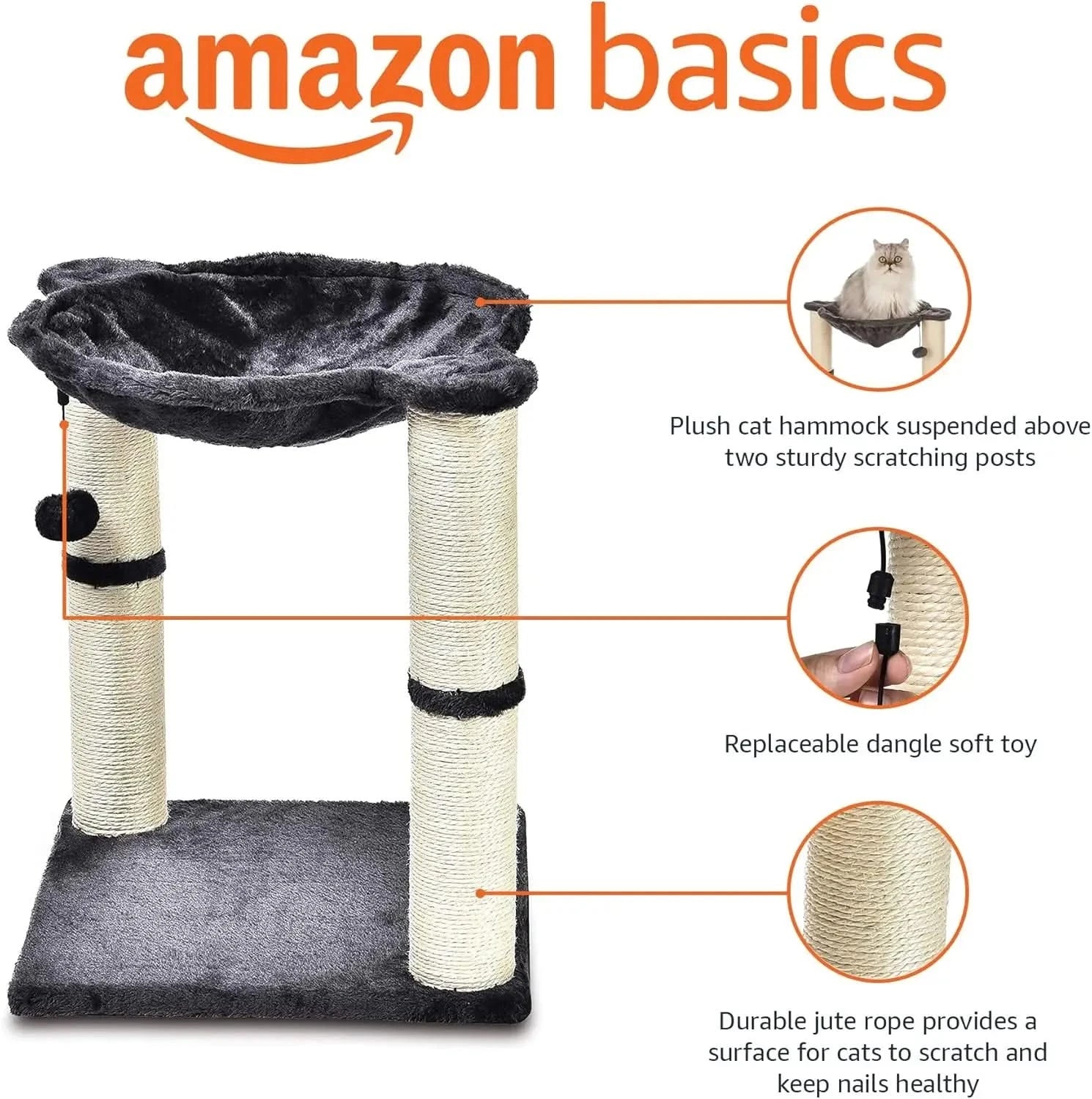 Amazon Basics Gray Cat Condo Tower: Plush Hammock, Sisal Scratch Post, Interactive Ball