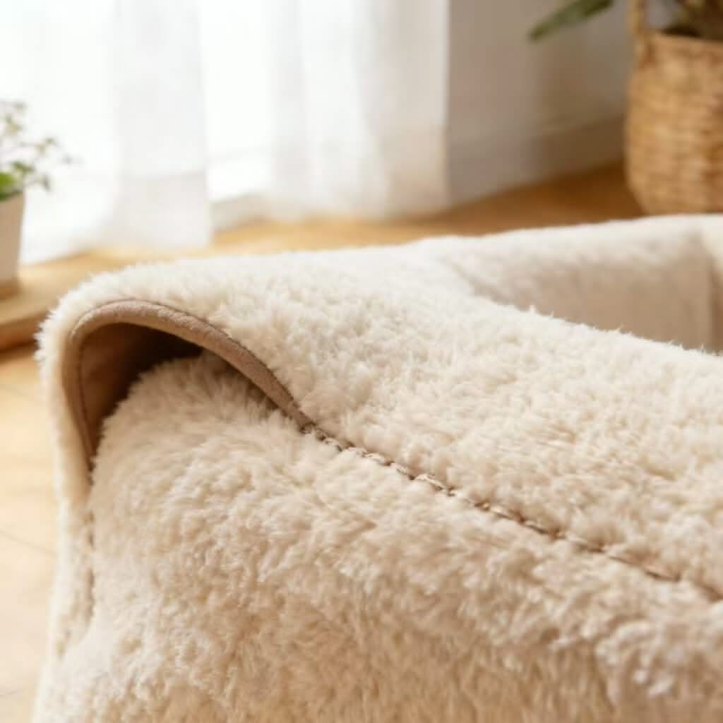 Shearling-Like Pet Bed for Cats - Cream, Square, Soft Plush, Cozy Cushion, All-Season