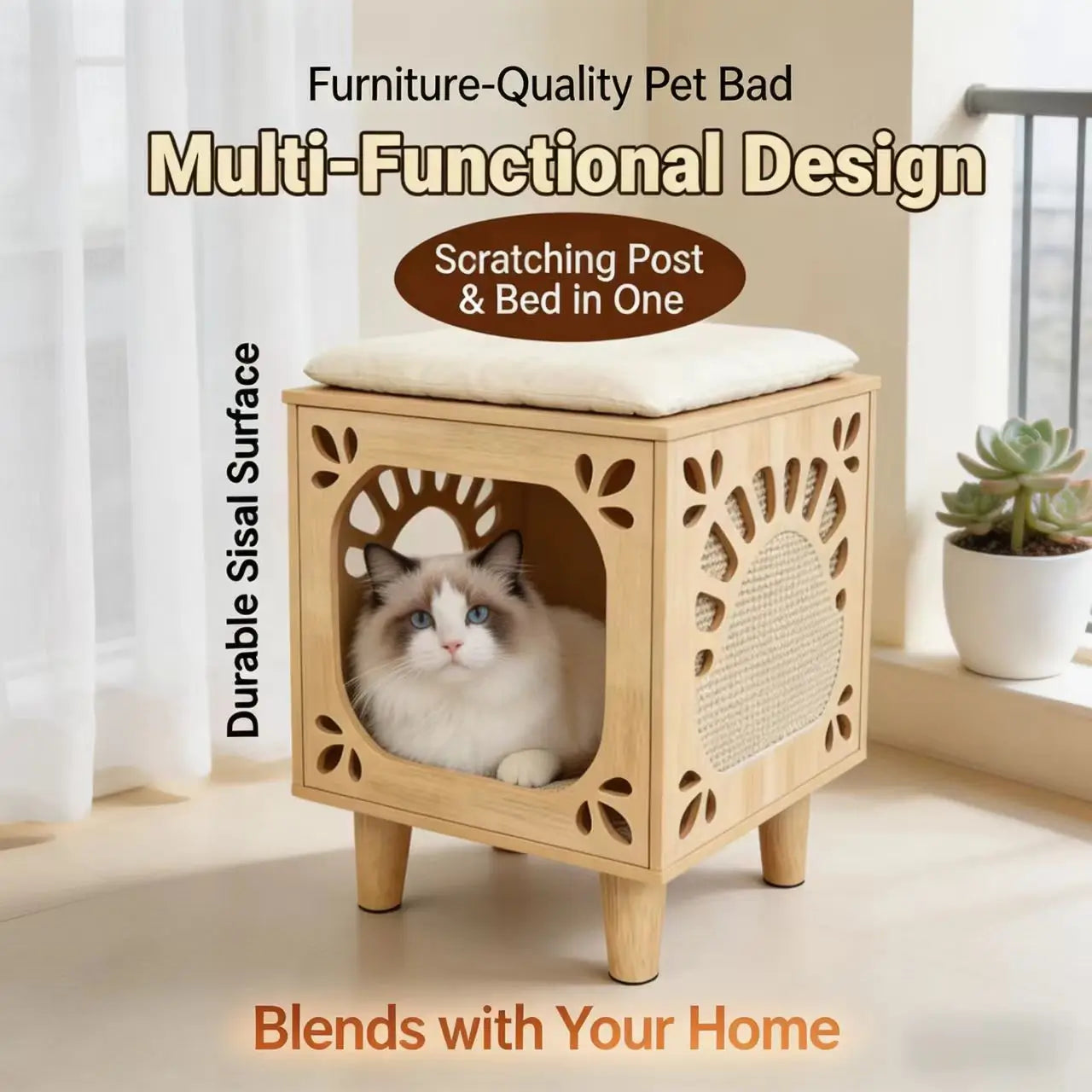 Multi-Functional Cat Bed & Scratching Post - Furniture-Quality, Sisal Surface, Natural Wood