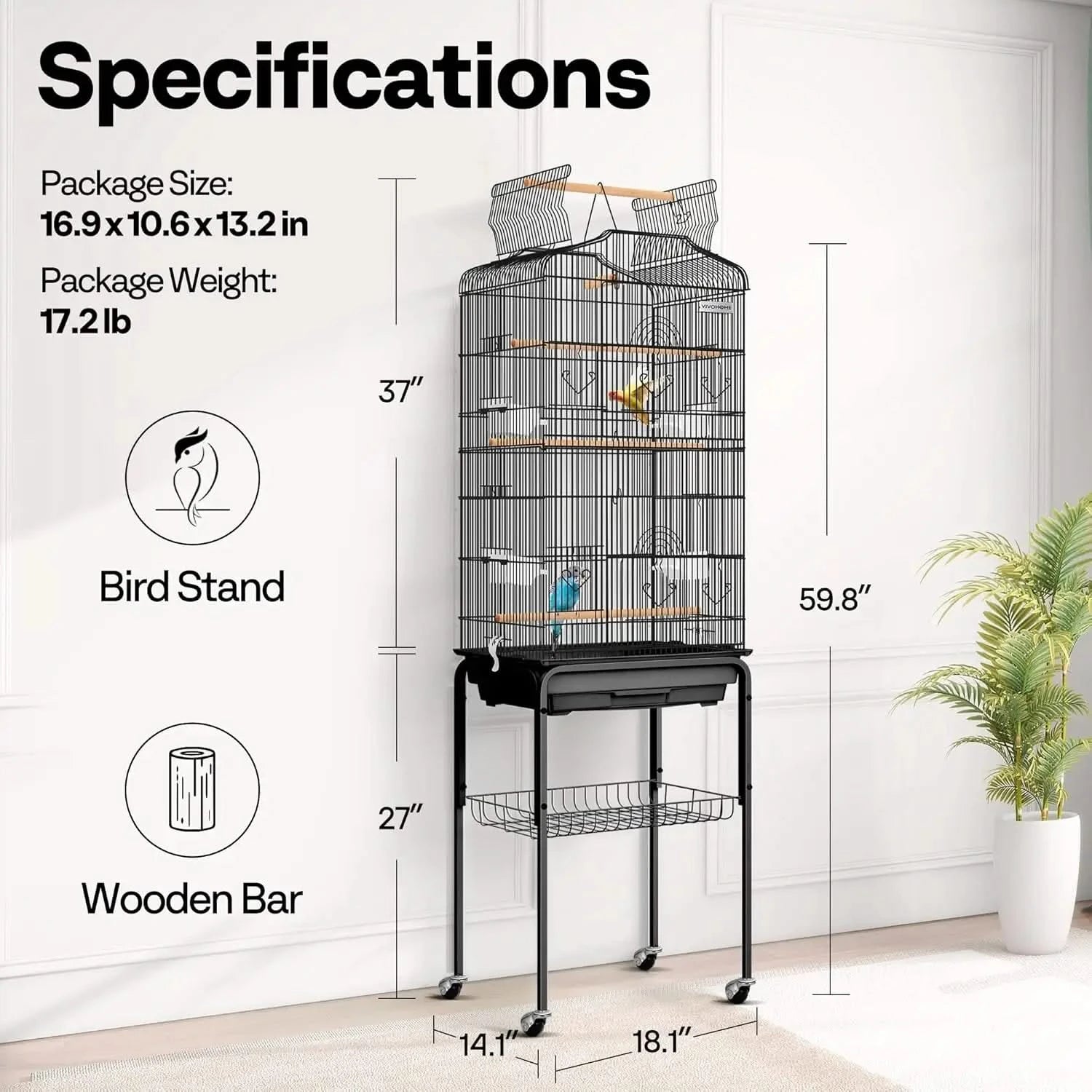 VIVOHOME 64-Inch Play Top Bird Cage: Rolling Stand for Parrots, Conures