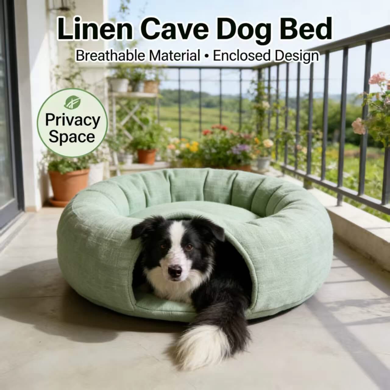 Linen Cave Dog Bed, Breathable Enclosed Design Light Green for Small-Medium Dogs