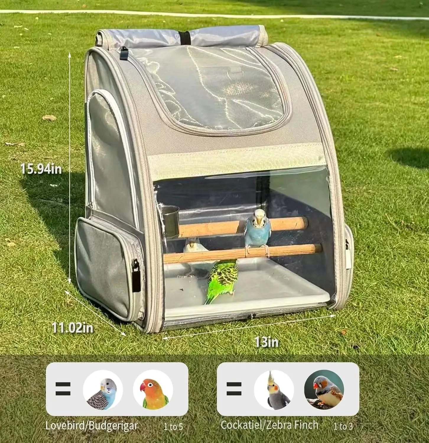 Gray Portable Bird Travel Carrier Backpack for Small Parrots & Cockatiels