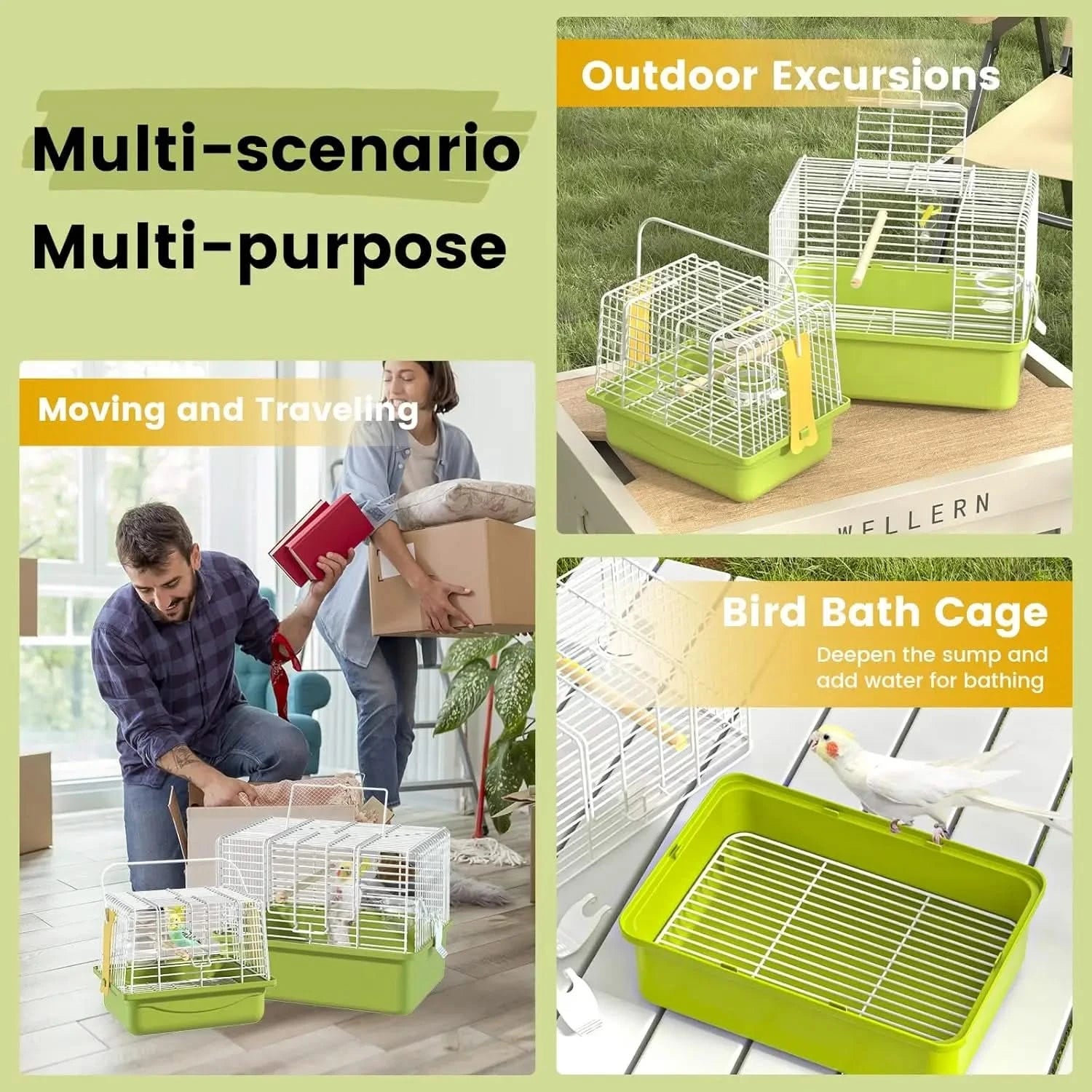 Secure Portable Green Travel Bird Cage for Parakeets, Small Animals & Accessories