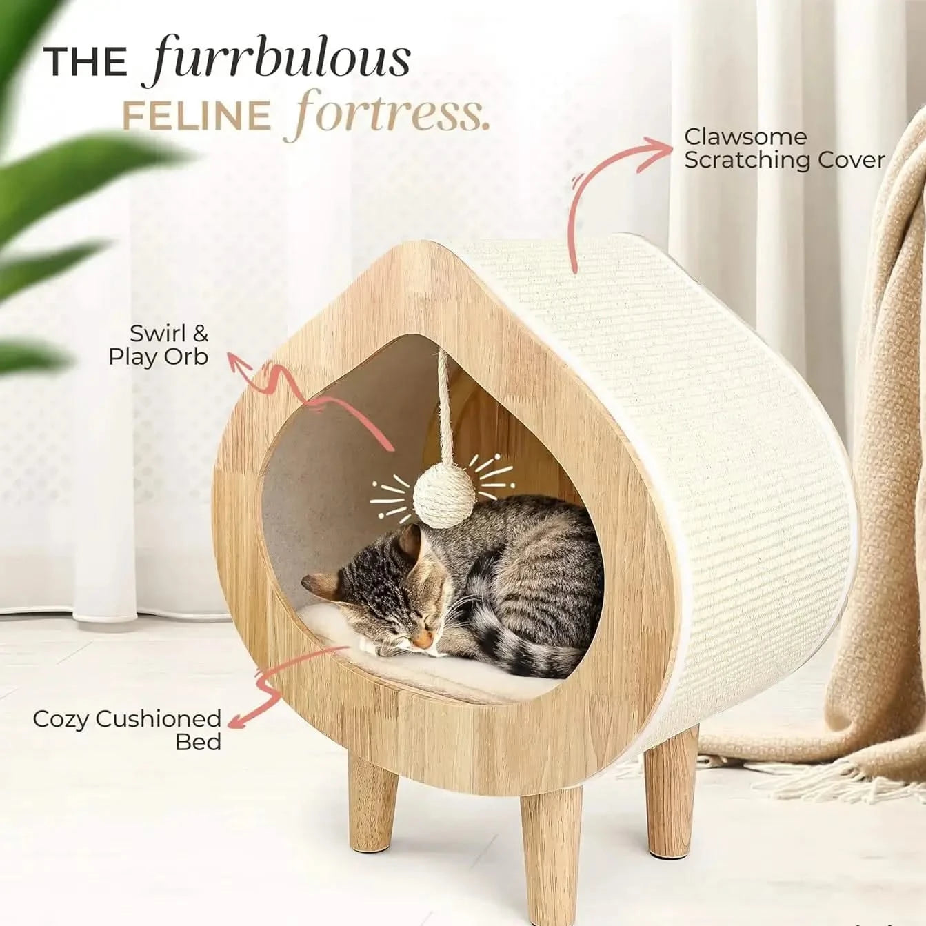Dual-Use Cat Bed, Scratching Post Integrated, Sisal Surface, Non-Toxic, Natural Wood
