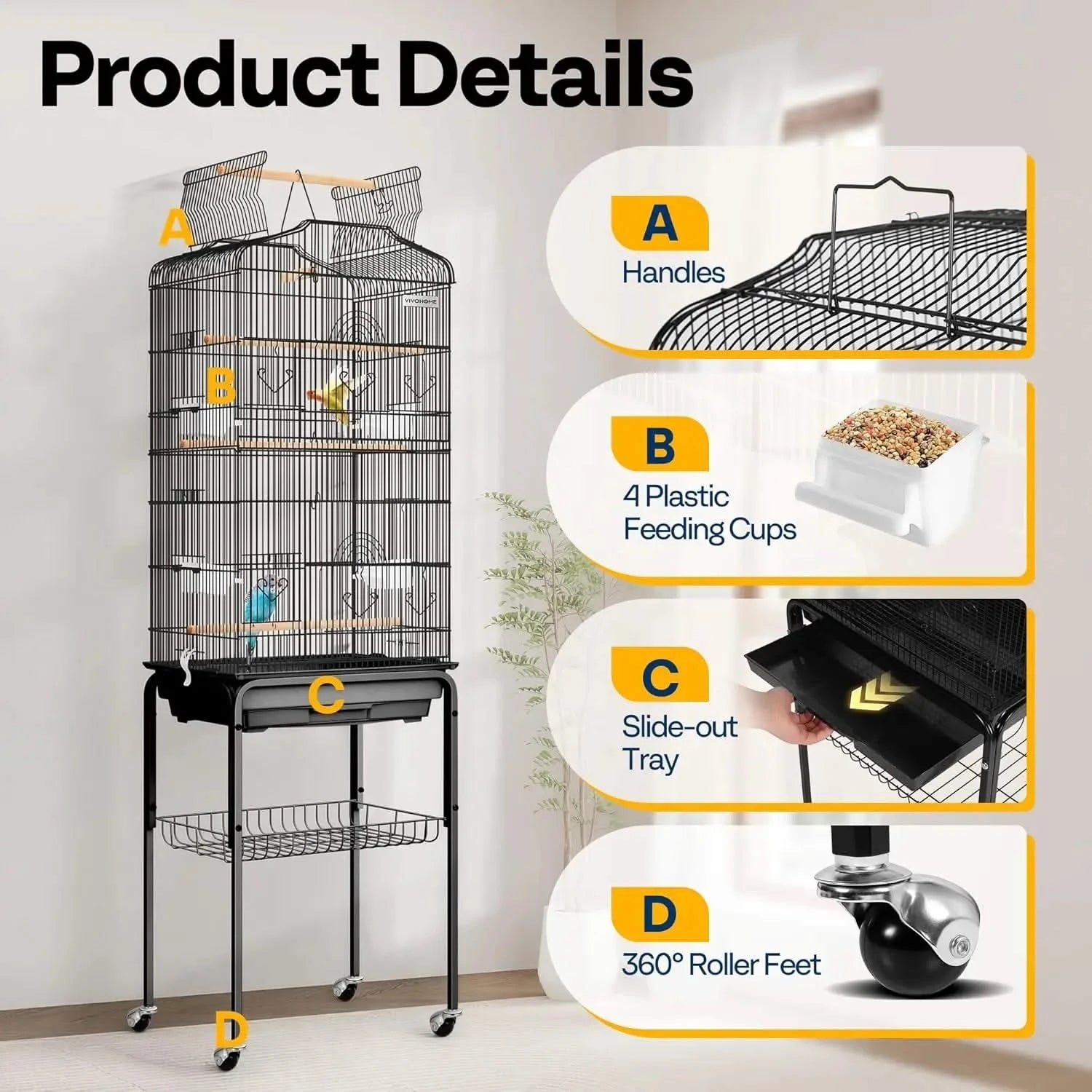 VIVOHOME 64-Inch Play Top Bird Cage: Rolling Stand for Parrots, Conures