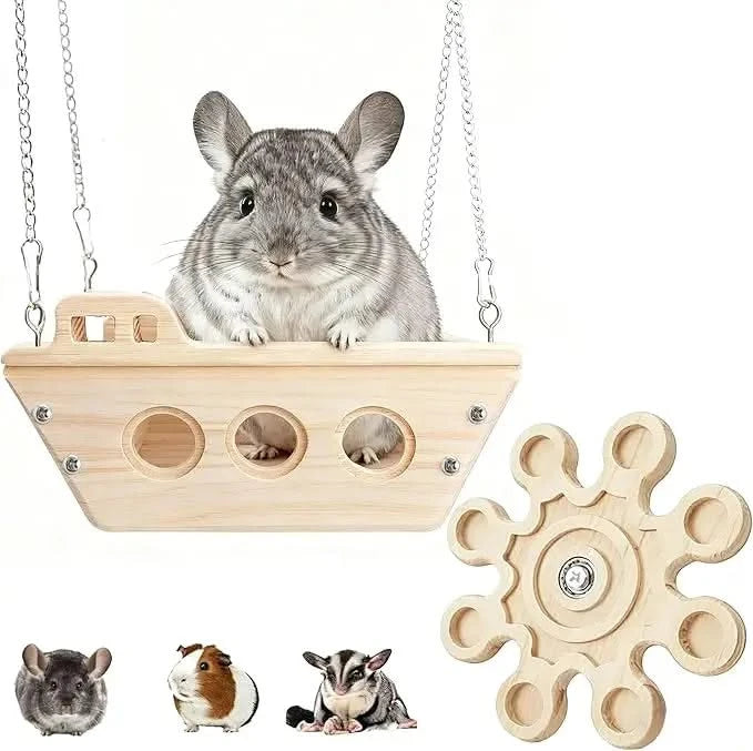 Natural Wooden Chinchilla Hammock Bed Cage Accessory with Interactive Chew Toy
