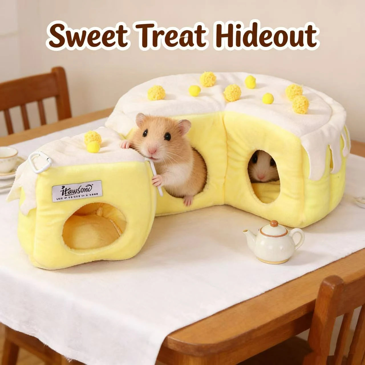 Comfort Hide Pet Nest for Hamsters/Guinea Pigs - Cake-Shaped Plush Multi-Entrance Yellow-White