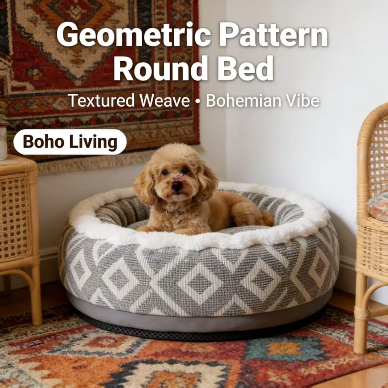 Boho-Living Pet Bed for Dogs - Round, Grey Geometric Pattern, Textured Weave, Faux Fur Trim
