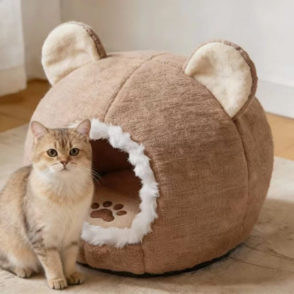 Adorable Bear-Ear Pet Cave Bed for Cats- Paw-Print, Plush, Brown, Cozy Hiding Spot, All-Season