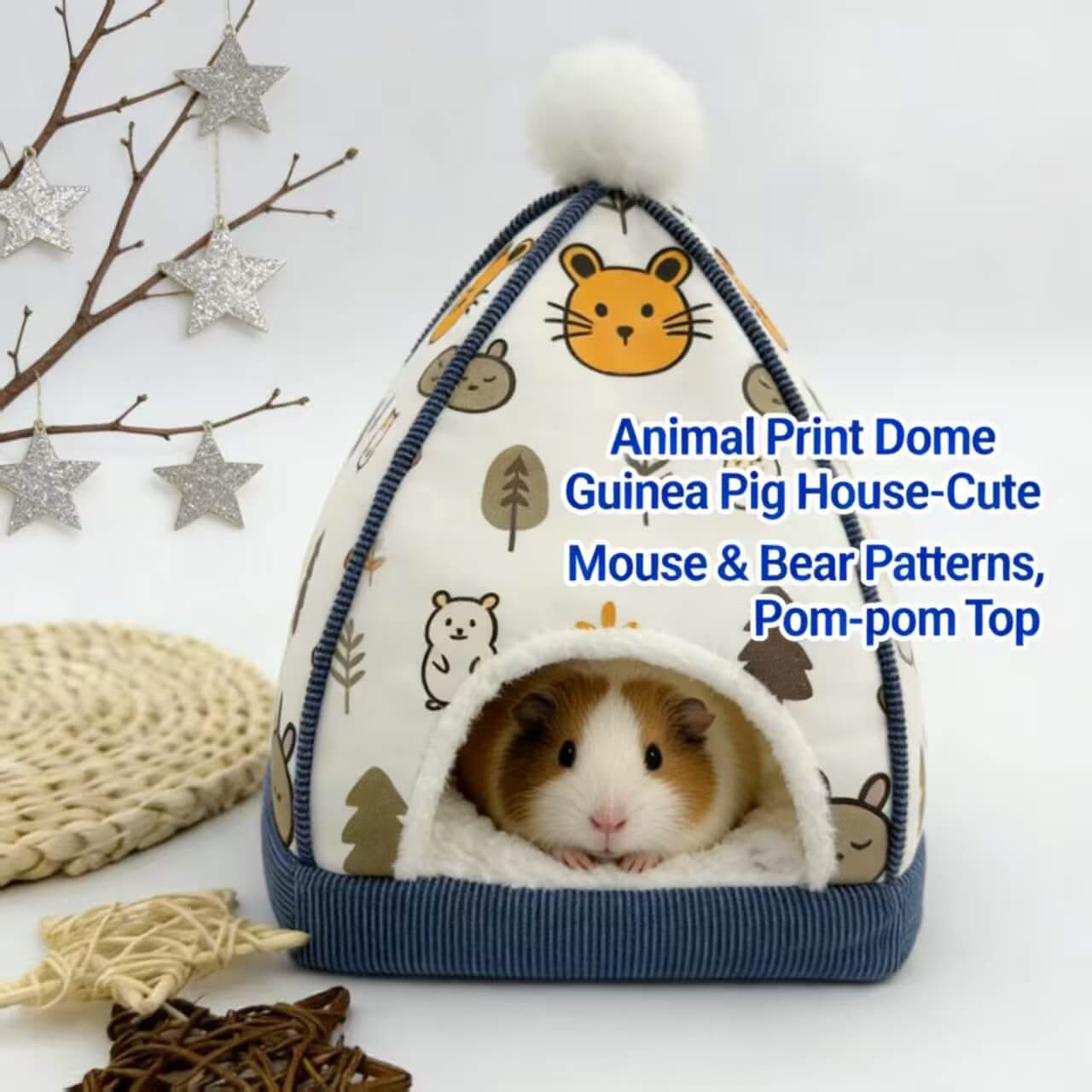 Cute Animal Print Dome Guinea Pig House: Mouse & Bear Patterns, Pom-pom Top