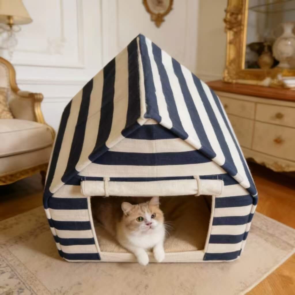 Striped Pet House Bed for Cats - Navy-White, Tent Design, Cozy Hiding Spot, Soft Cushion