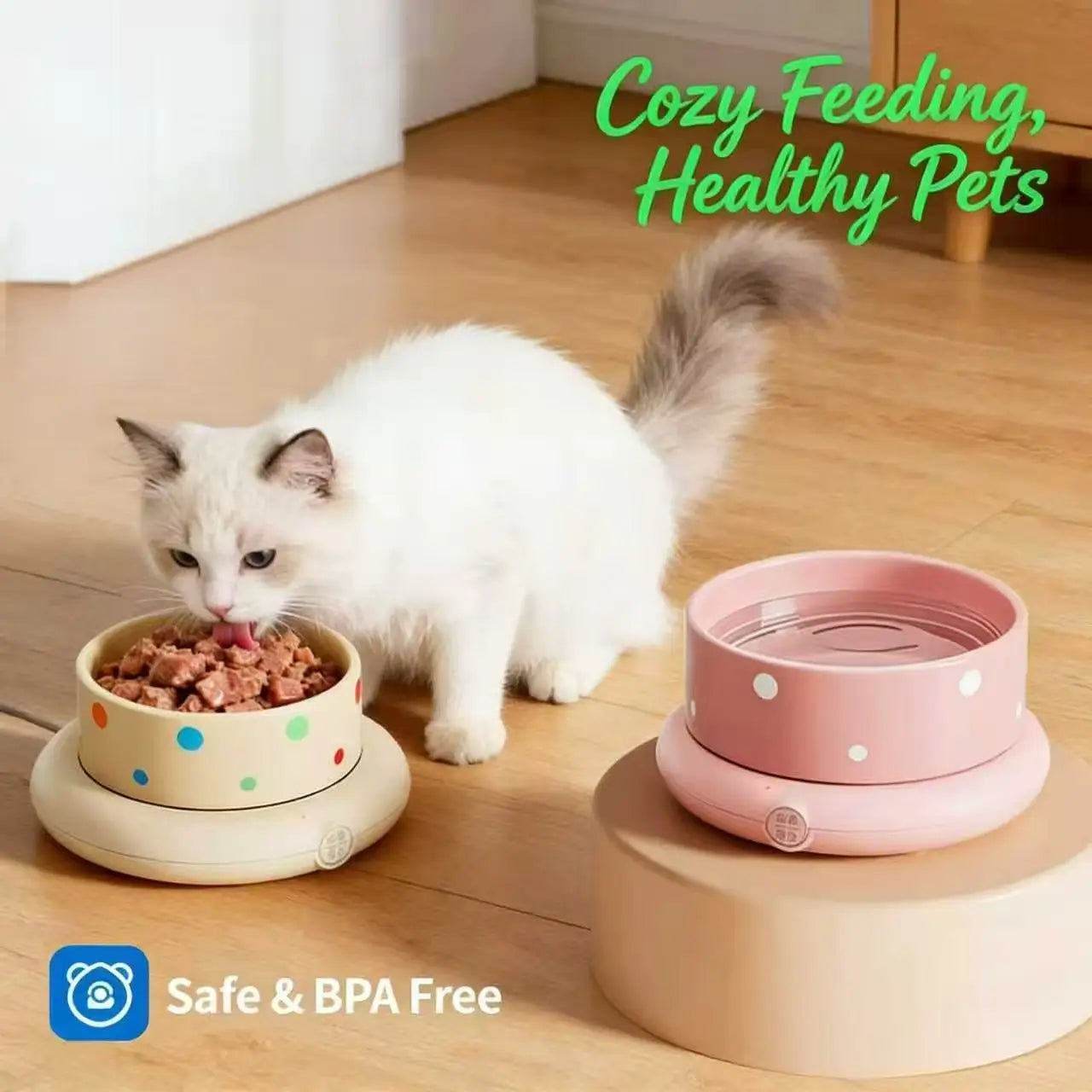 BPA-Free Cat Bowl: Safe Feeding, Polka-Dot Design (Beige/Pink)