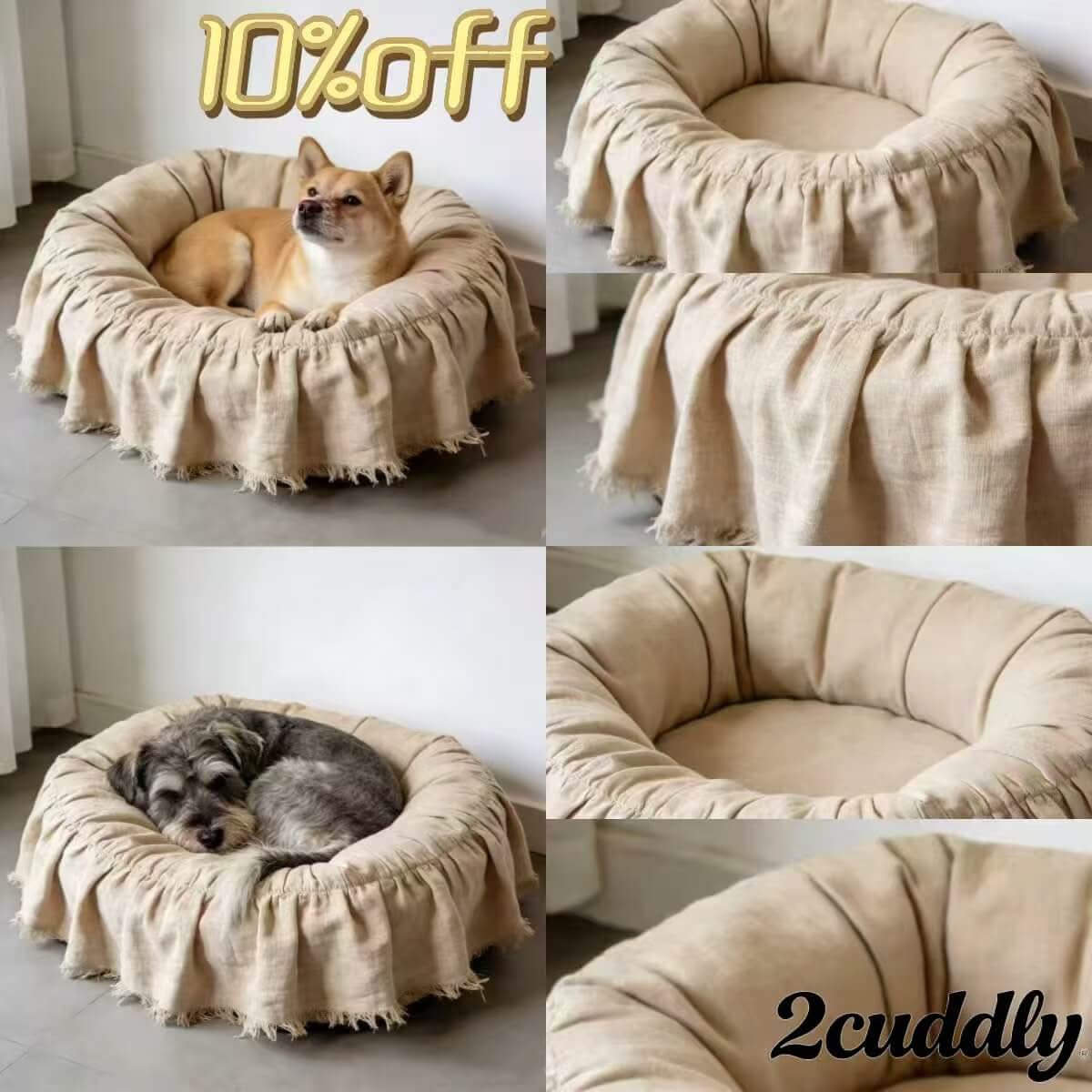 Breathable Pet Bed for Dogs - Beige, Round, Linen Fabric, Fringe Trim, Scandinavian Style
