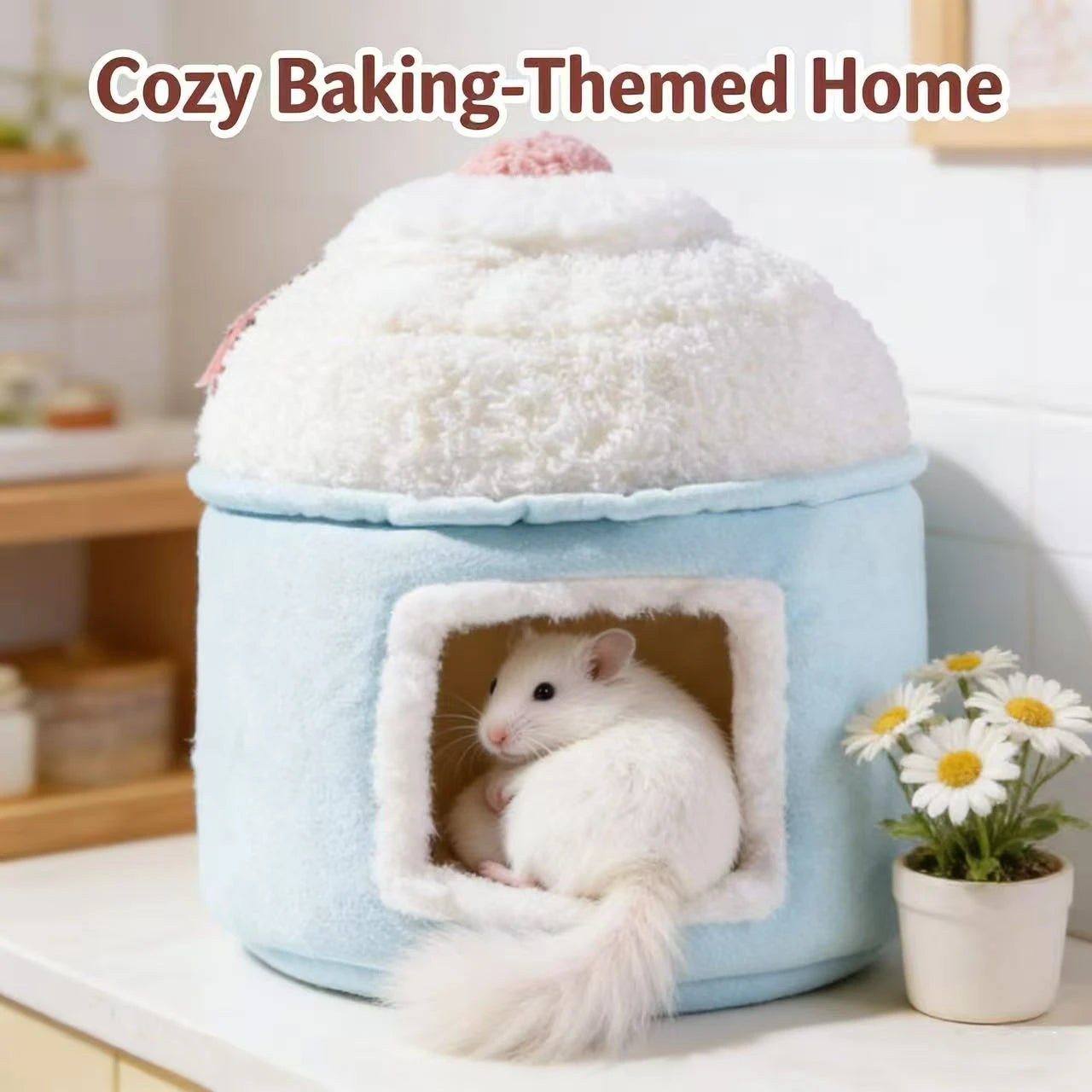Comfort Hide Rest Hamster Nest for Hamsters - Cake-Shaped Plush Light Blue-White Square Entry