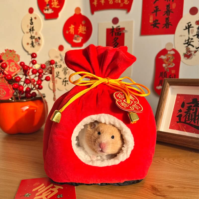 Lucky-Theme Hamster House for Hamsters - Fortune Bag Shape, Red, Traditional Design, Warm Lining