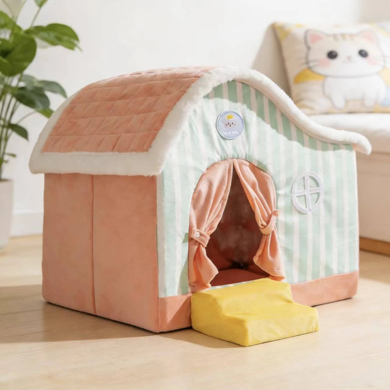 Warm Enclosed Pet Bed for Cats - House Shape, Plush, Pink/Green Rest Cottage