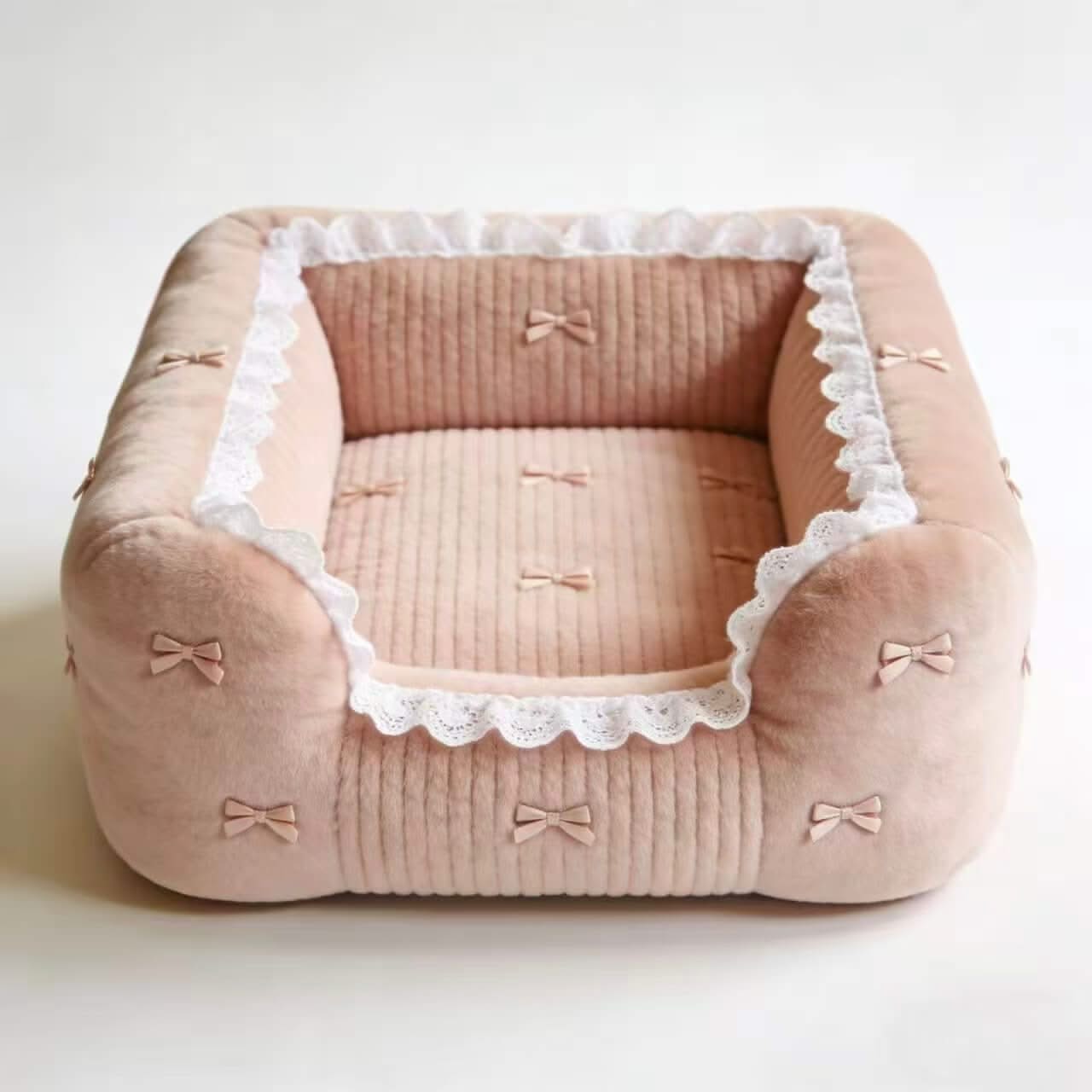 Charming Ruffled Pet Bed for Dogs - Bow Decor, Corduroy, Blush Pink, Soft Cushion, All-Season